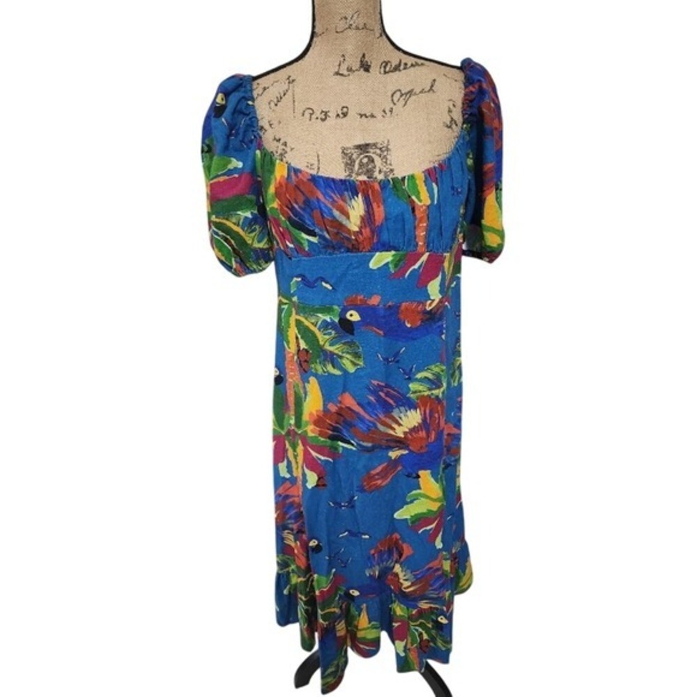 House of Harlow 1960 Tropical Parrot Palm Tree Maxi Dress Puff Sleeve Ruffle New
